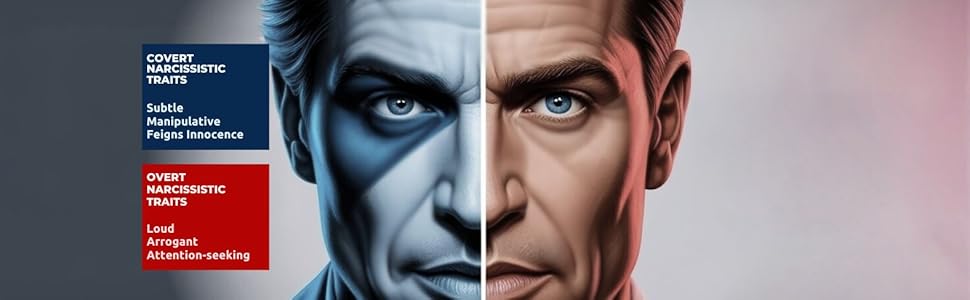 Split screen image showing covert and overt narcissist