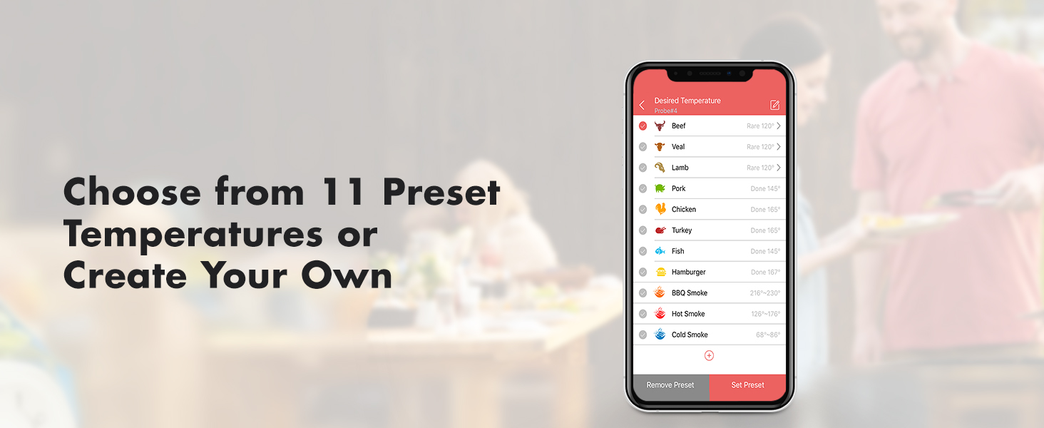 Choose from 11 preset temperatures or create your own