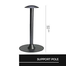 Black metal support pole with circular base and top, measuring 50 cm in height. Labeled as 'SUPPORT POLE' in the image.