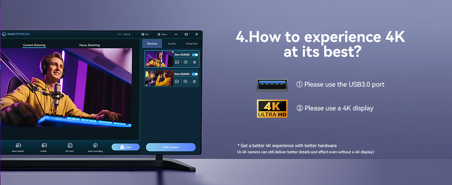 Promotional image for 4K display technology featuring a TV screen showing a video editing interface and a person working. Text explains how to experience 4K quality, emphasizing display requirements.