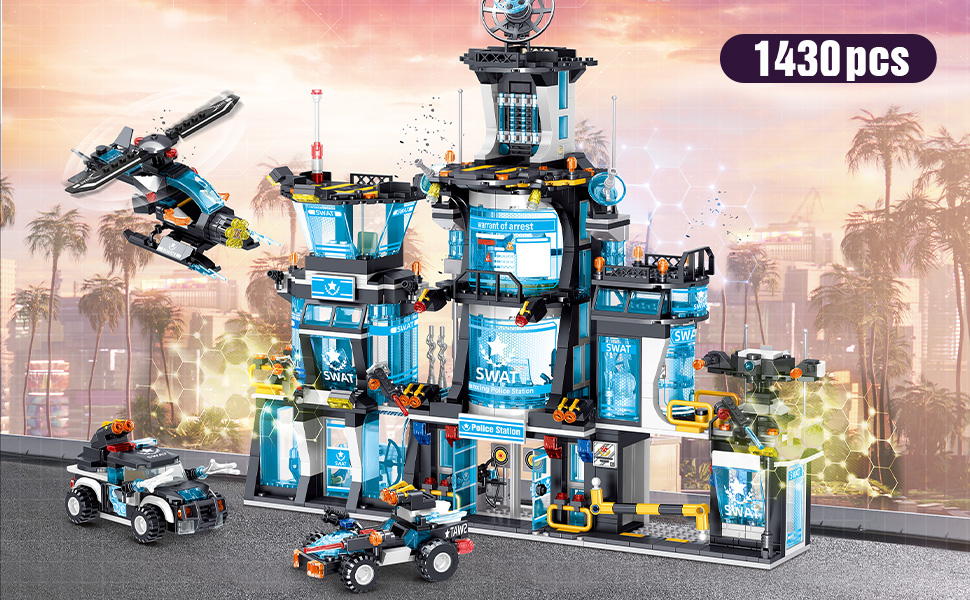 MindBox City Police Station Building Set with Police Car & Helicopter