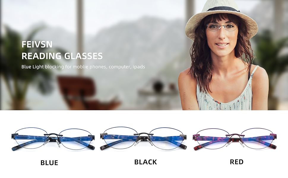 FEIVSN Rimless Reading Glasses for Women, Computer Blue
