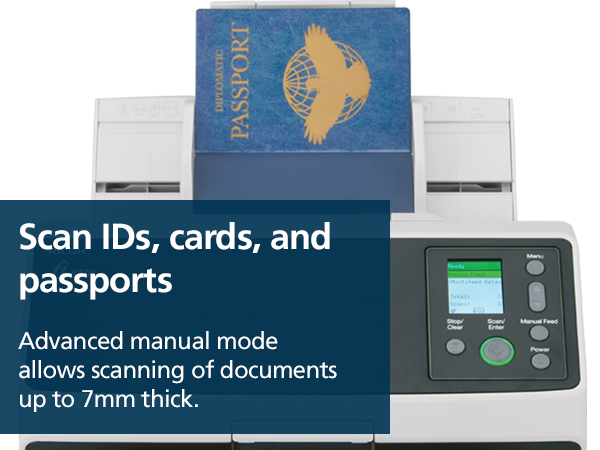 Scans IDs, Cards and passports; Handles a wide variety of documents