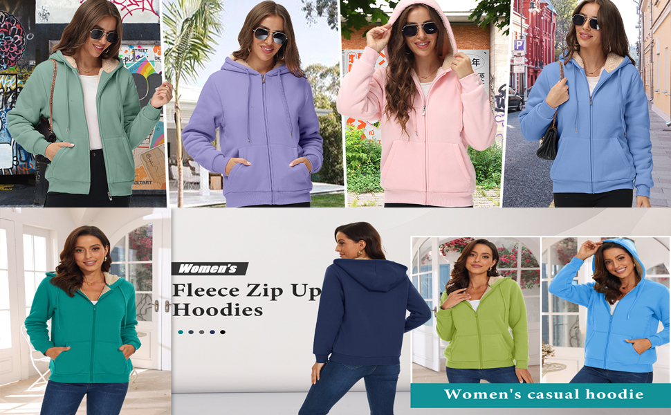 a collage of women's fleece zip up hoodies