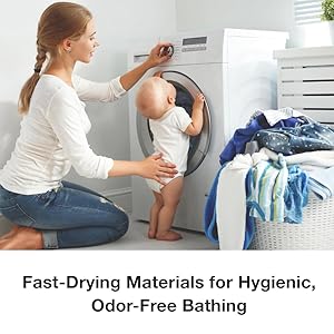 Woman and her baby doing the laundry to demonstrate ease of care