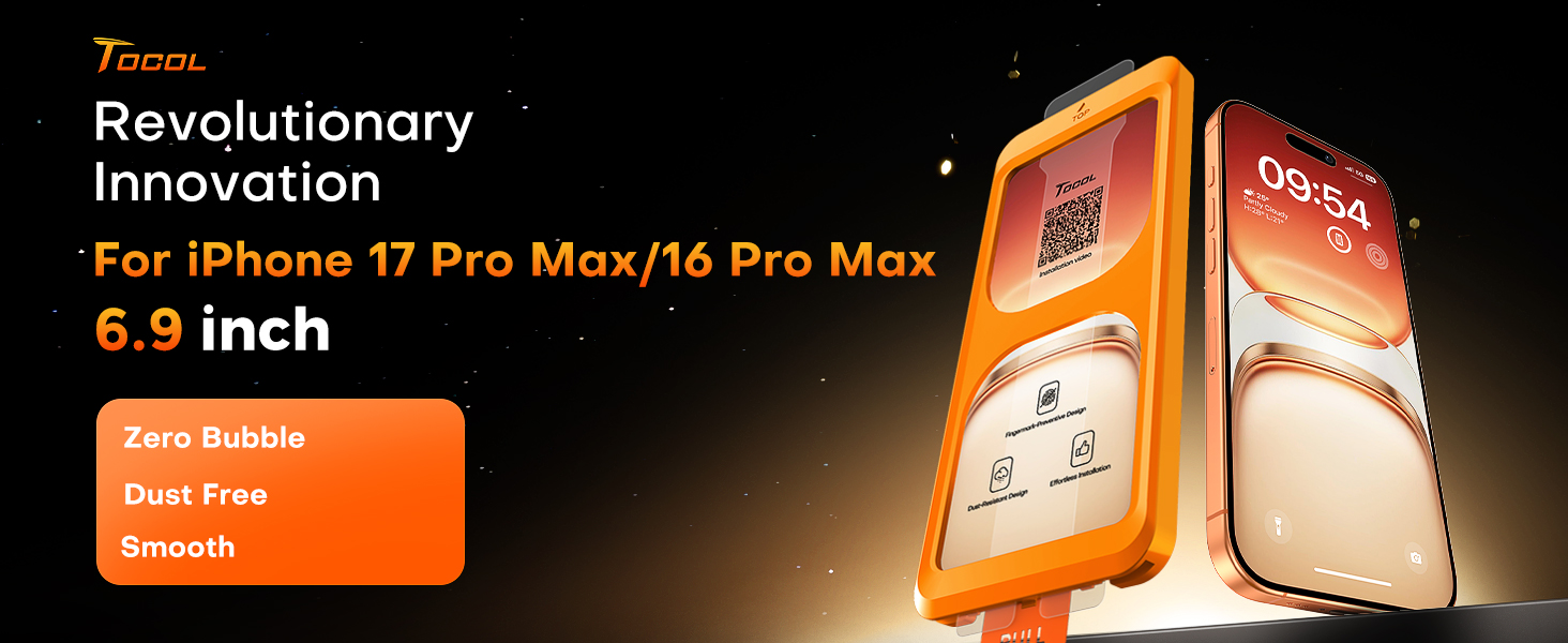 Text reads 'Revolutionary Innovation For iPhone 17 Pro Max/14 Pro Max 6.9 inch'. Orange and black promotional product image showing phone-related accessory.