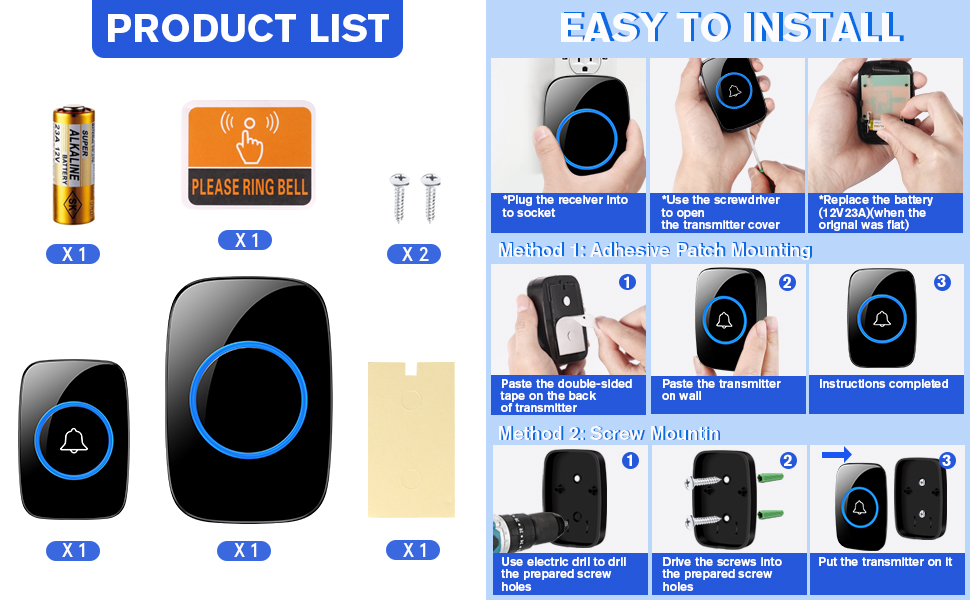 Wireless Door Bell for Home,XZLOVE Wireless Doorbell Operating at