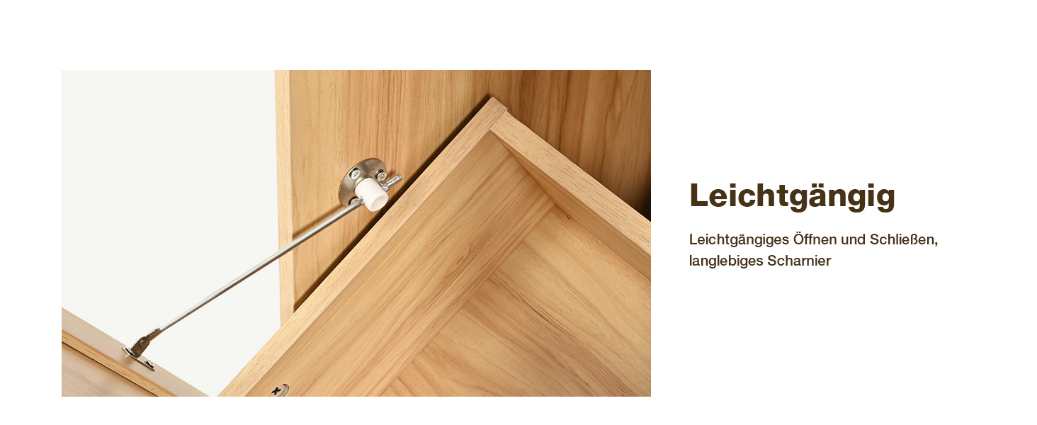 Nahaufnahme einer hölzernen Schrankecke mit sichtbarem Soft-Close-Scharniermechanismus. Der Text „Leichtgängig“ deutet auf eine reibungslose Funktion der Schranktüren hin