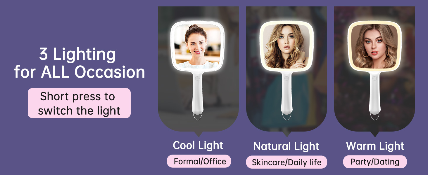 Lighted Handheld Mirror with 3 Light Color and Dimmable, 6.