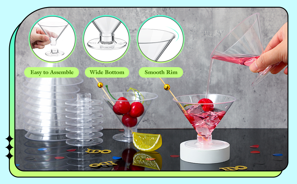 100 Pcs Clear Plastic Martini Glasses and Gold Pearl Cocktail Picks Set Disposable