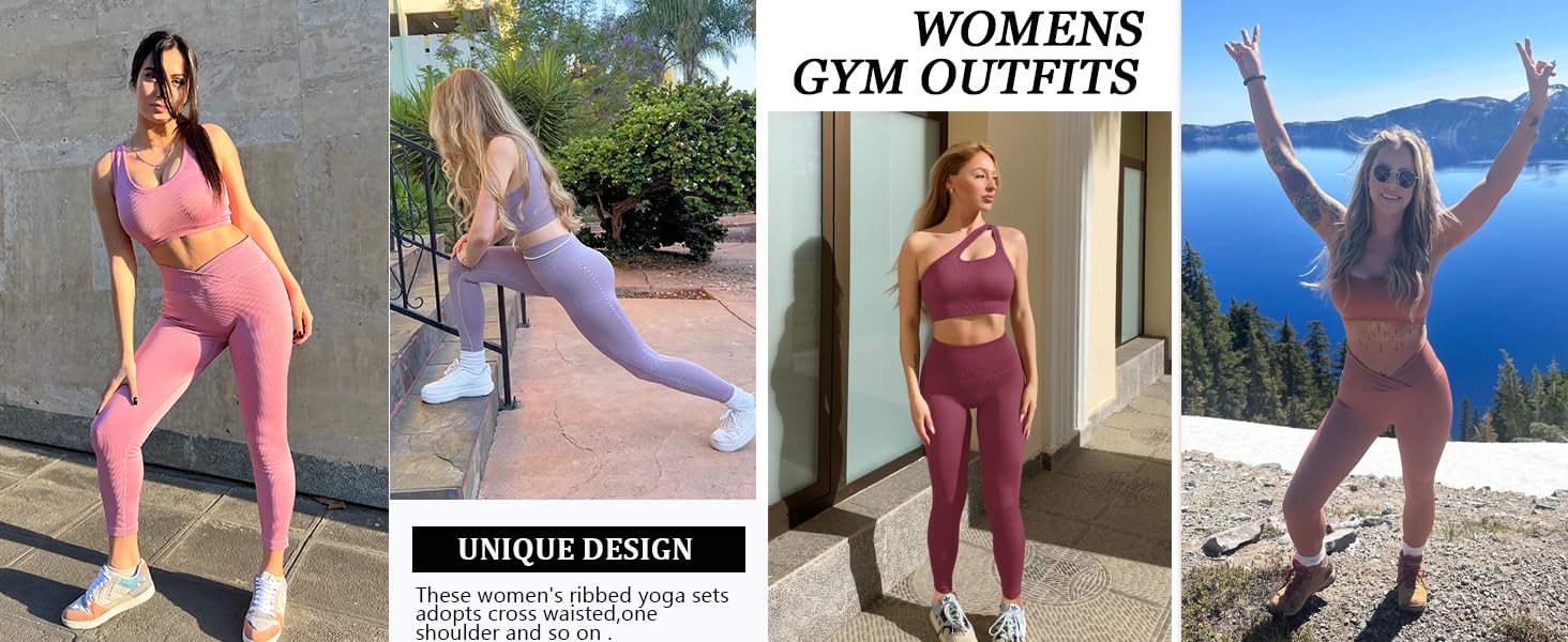 JZC Workout Outfits for Women 2 Piece Ribbed Seamless Yoga Leggings Exercise Sets