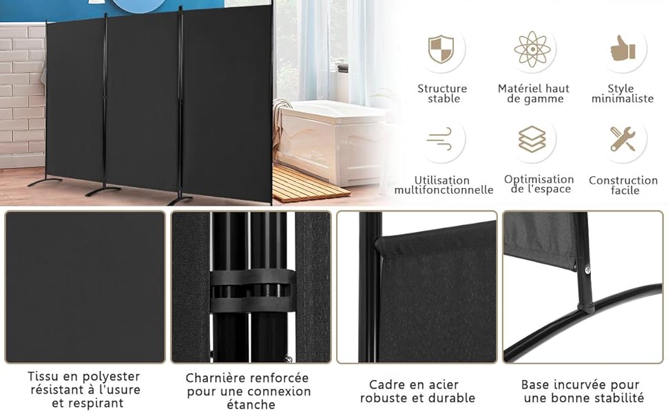 COSTWAY Paravent Sur Pied 3 Panneaux Pliable,Brise Vue,Cloison De Séparation Pièce Protéger Privée, 260 X 183 CM Blanc 17 1