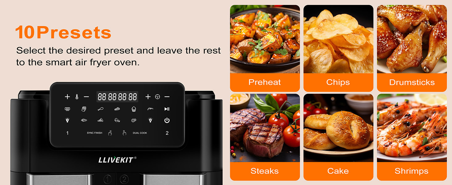 LLIVEKIT Dual Zone Air Fryer 12L, with Removable Divider for 5.5L Dual