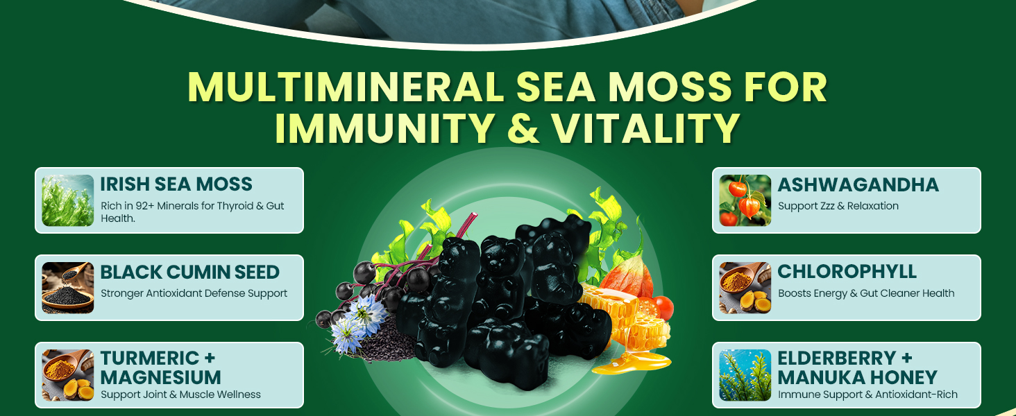 Sea Moss Black Seed Oil Ashwagandha Turmeric Bladderwrack Burdock & Vitamin C Vitamin D3