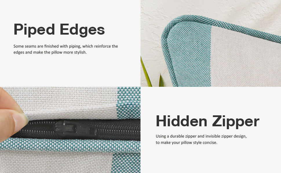 Piped-edge throw pillows, hidden zipper design, durable home decor