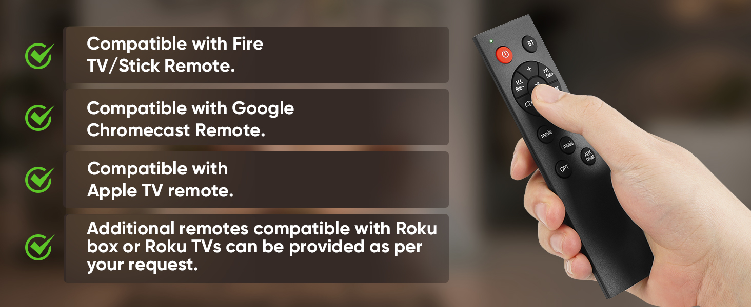 Black remote control held in hand, with text listing compatibility with Fire TV, Google Chromecast, Apple TV, and Roku remotes. Features visible buttons including a red power button.