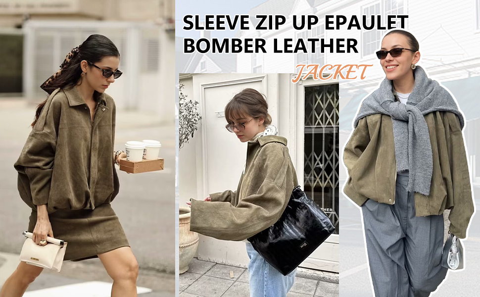 Long Sleeve Zip Up Epaulet Bomber Leather Jackets