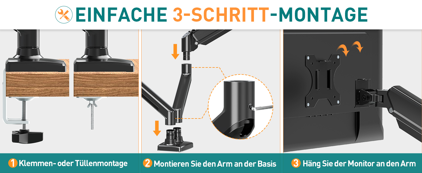 Monitor Arm Gasdruckfeder 2 Monitorhalterung Klemme Tüllenmontage Einfache Installation