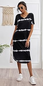 Milumia Women's Casual V Neck Short Sleeve Split Curved Hem Straight Midi T Shirt Dress 