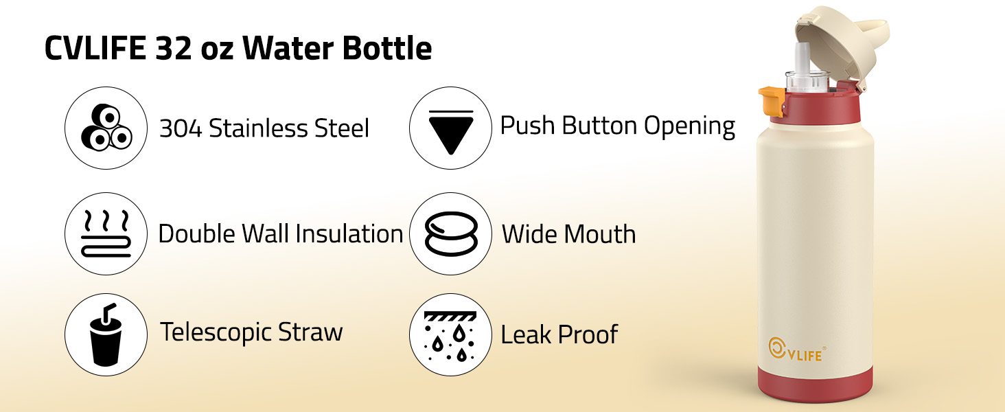 32oz Insulated Water Bottle - CVLIFE Insulated Stainless Steel Water Bottle with Straw