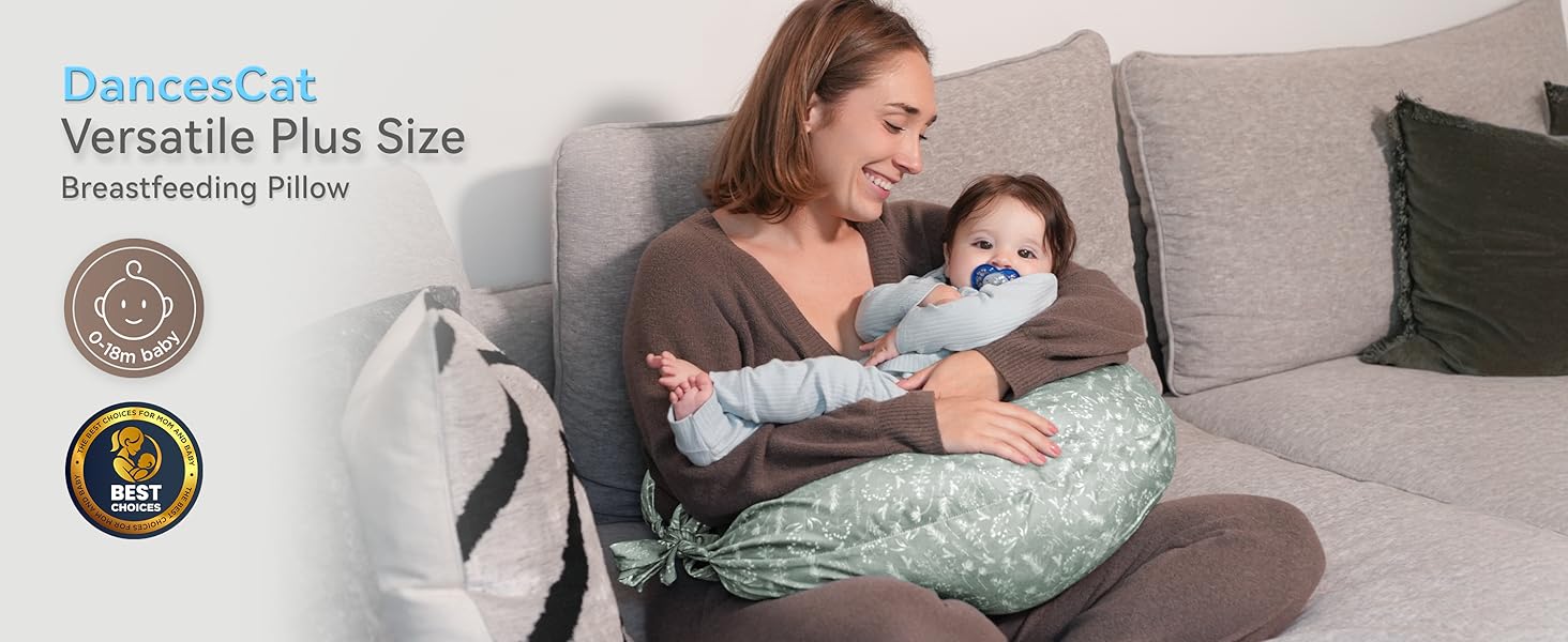 DancesCat Versatile Plus Size breastfeeding pillow in mint green, demonstrated in use on grey couch with nursing cushion wrap design.