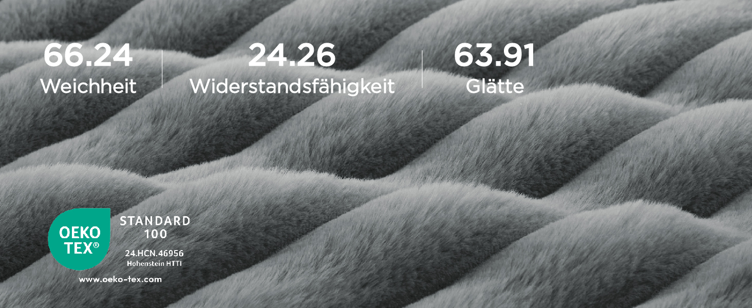 Der Text lautet '66.24', '24.26', '63.91', 'Weichheit', 'Widerstandsfähigkeit', 'Glatte'. Nahaufnahme einer grauen texturierten Stoff- oder Materialoberfläche mit Messindikatoren.