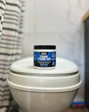 Tank Tune-Up sitting on an RV toilet
