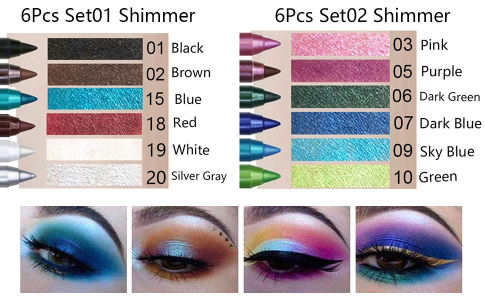 6Pcs White Silver Blue Black Red Brown Colored Shimmer Gel Eyeliner Color Pencil Pen Set