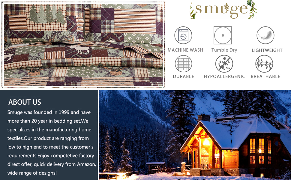 3Piece Moose Pine Tree Reversible Quilt Set, Checked Color