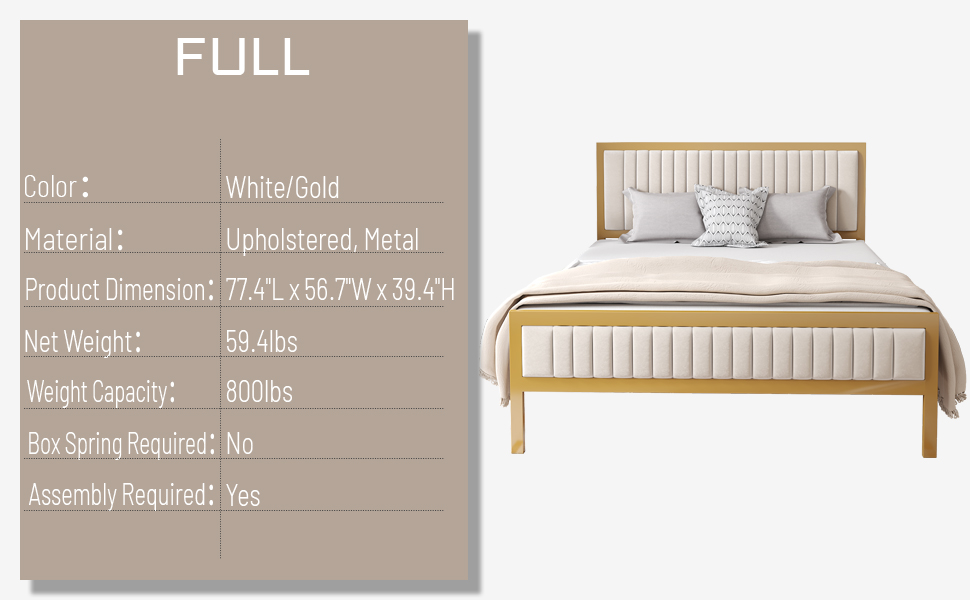 Full Size Metal Bed Frame with Upholstered Headboard and