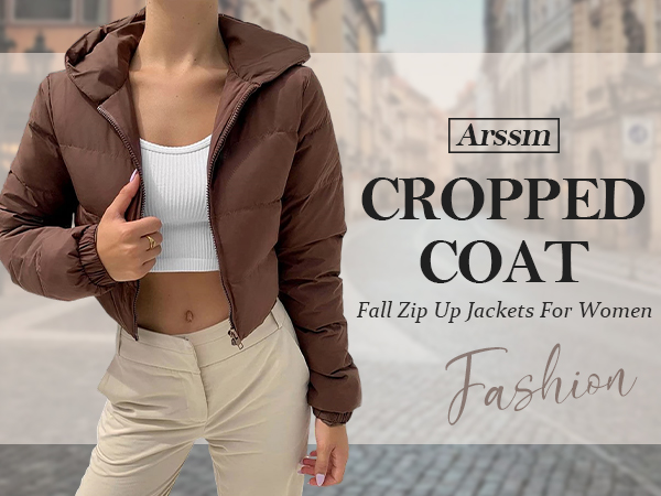 Arssm Womens Cropped Puffer Jacket Fashion Casual Hooded
