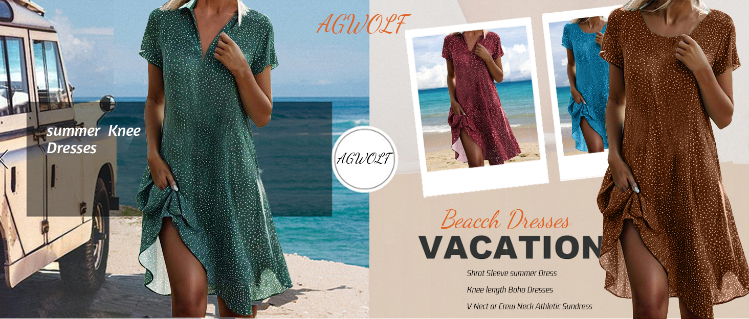 Polka Dot Dress Women Boho Flowy Wrinkless Casual Dresses Tunic Knee Length Sundresses Summer 2024