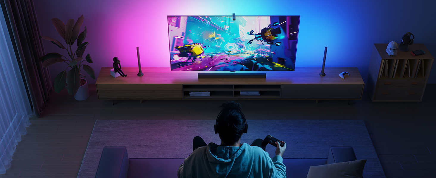 Govee TV Backlight 3 Lite Kit, 11.8ft RGBICW Wi-Fi TV LED Strip Light with Camera and 15 Inches Smart Light Bars with Double Light Beads, LED Lights for 55-65in TVs - Works with Alexa & Google Home 15 H605A-Gaming preset scene