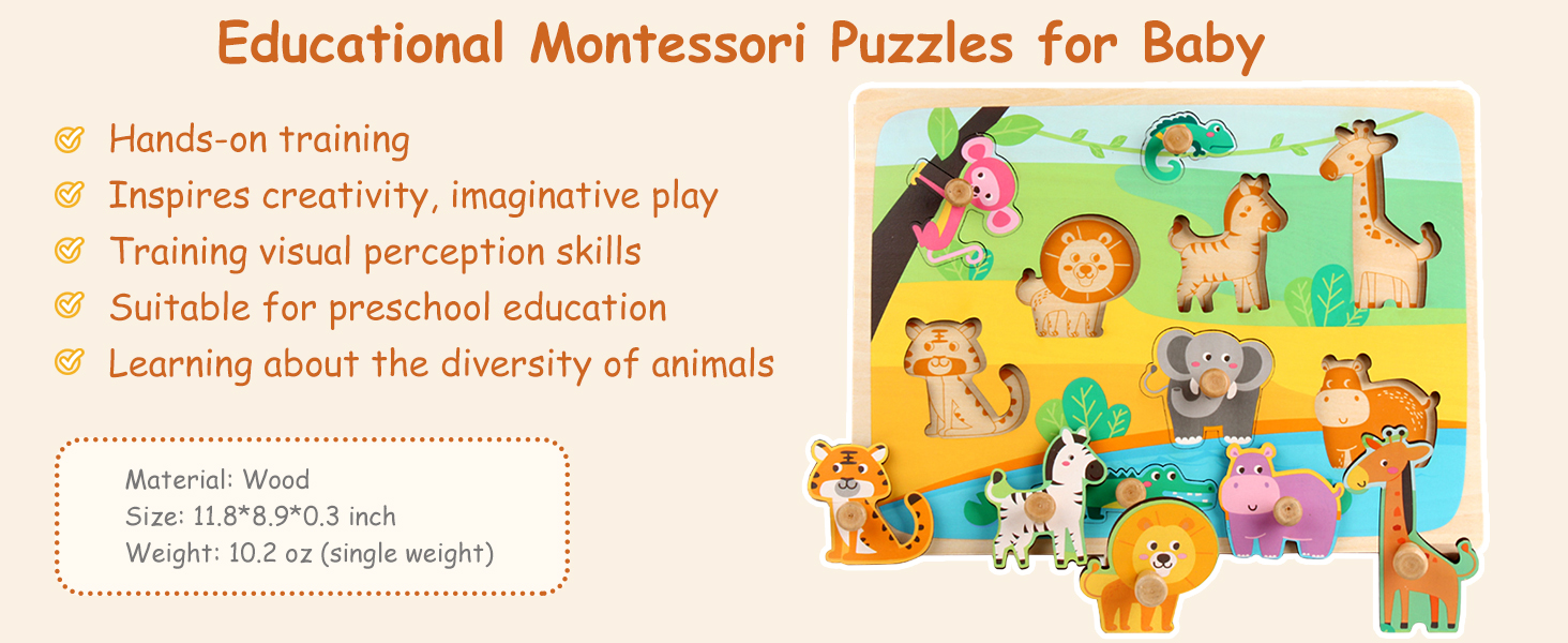 Funsland Wooden Puzzles Jigsaw Toys for 1 Year Old, Animal Toddler Peg