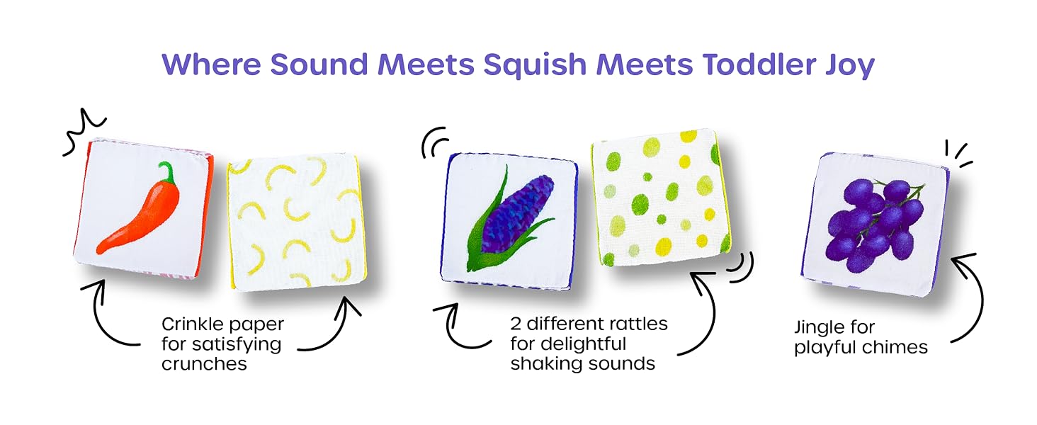 Crinkle paper for satisfying crunches, 2 rattles for sounds, jingle for playful chimes 