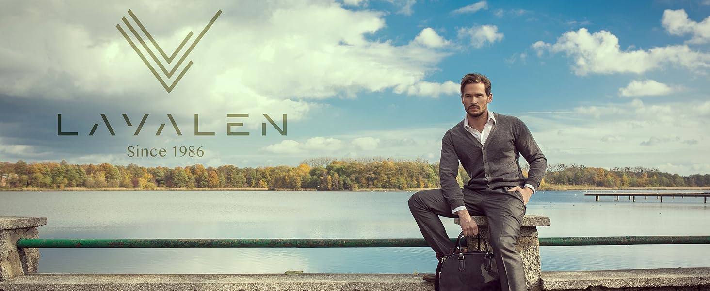 Outdoor scene with man in casual attire sitting on a wooden structure near water. Text 'LAVALEN' visible in upper left corner.