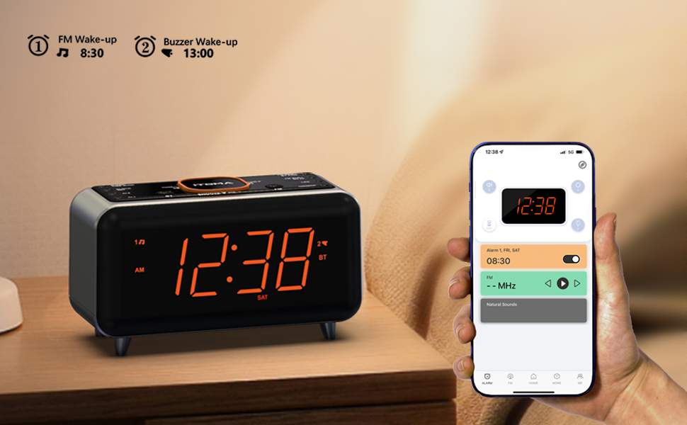 Alarm Clock with App Control, Bluetooth, FM Radio, Dual Alarm of 4 Alarm Modes, Easy Snooze