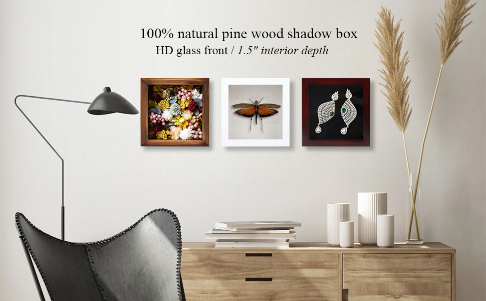 1DOT2 5x5 Small Shadow Box Frame Display Case, Grade A Natural Pine Wood HD Glass