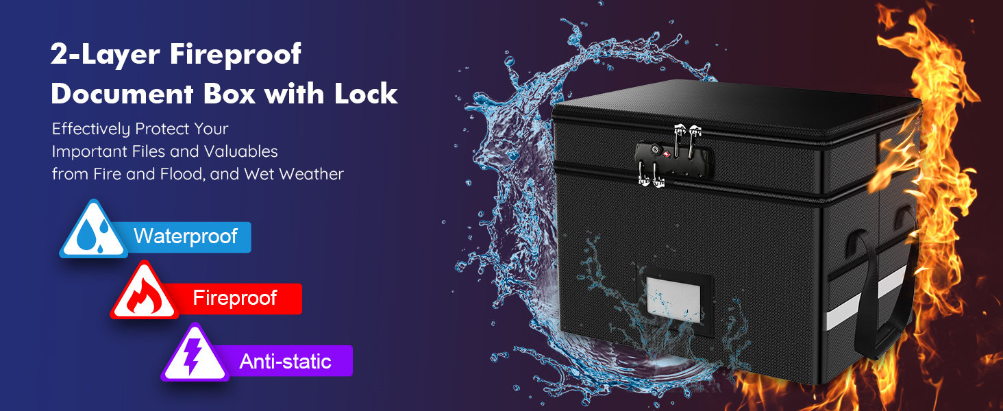 RHM Fireproof Document Box with Lock, 2 Layer Fire Proof File Box for Documents with