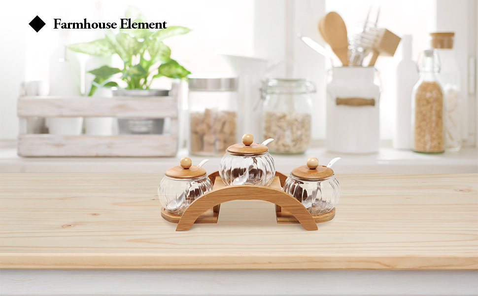 (Set of 3) Clear Glass Condiment Spice Jars, Ceramic Serving Spoons & 2