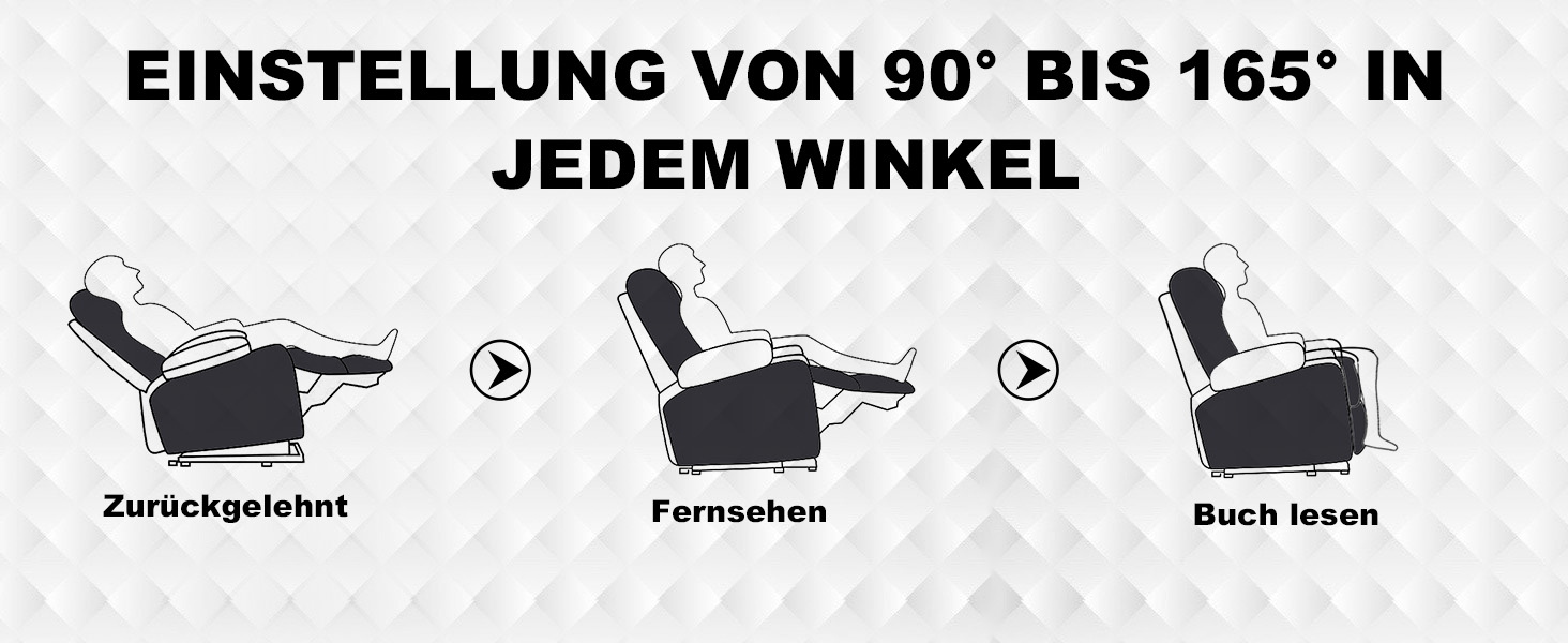 Diagramm, das drei Liegepositionen eines verstellbaren Stuhls zeigt: „Zurückgelehnt“ (zurückgelehnt), „Fernsehen“ (Fernsehen) und „Buch lesen“ (Buch lesen). Die Winkel der Stühle reichen