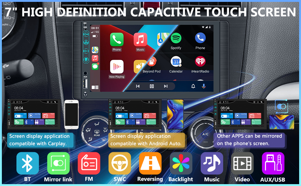 Double Din Car Stereo Apple Carplay, Rimoody 7 Inch Touch Screen Car