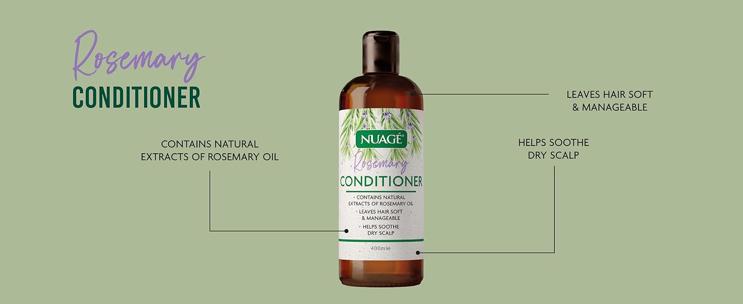 Brown glass bottle of hair conditioner product shown against a mint green background with product information arrows and text.