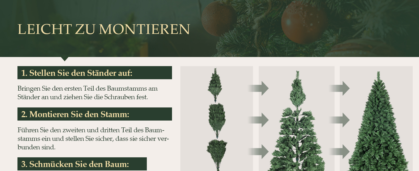 Anleitungsdiagramm auf Deutsch, das die schrittweise Montage künstlicher Topiarbäume zeigt, wobei die Pfeile die Installationsreihenfolge angeben