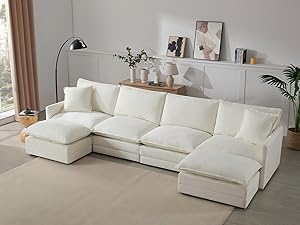 four chairs and two ottomans combine an oversized U shaped sectional couch