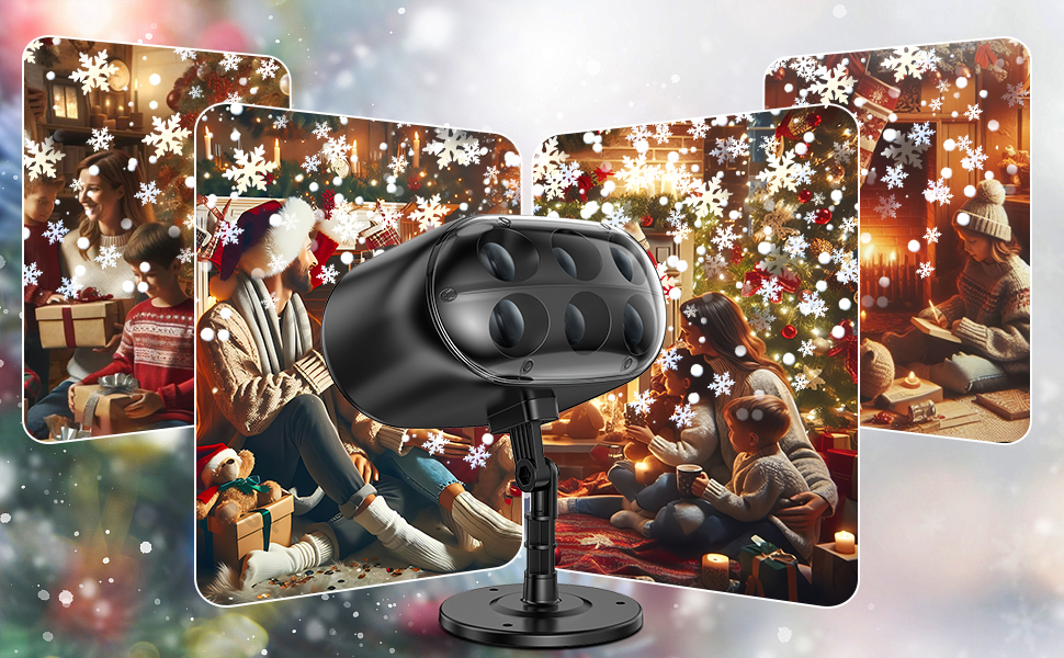 Black virtual reality headset centered among multiple panels showing festive holiday scenes with Christmas lights, decorations, and people in cozy settings.