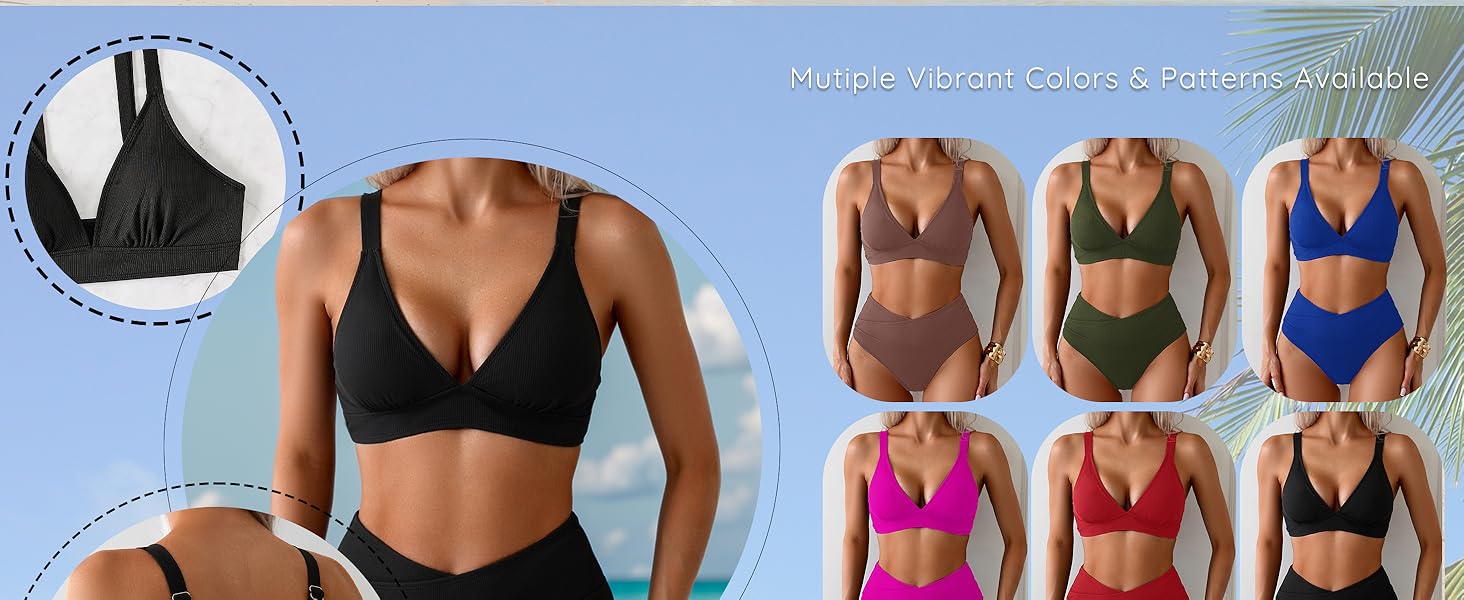 Womens 2 Piece Swimsuit Cheeky Ribbed Bikini Set Triangle Push Up Swim Top Wide Adjustable Straps