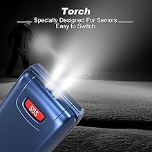 Blue handheld flashlight with SOS button and bright LED beam, designed for senior use with easy-switch functionality.