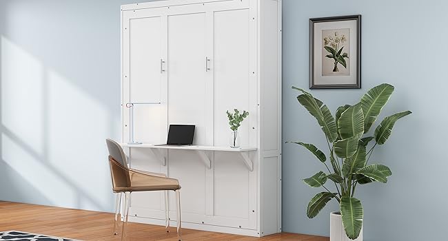 Queen Size Murphy Bed with 2 Side Cabinet Storage Shelves Cabinet Folding Wall Bed with -White