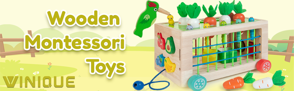 Winique Montessori Toys for 1 Year Old Carrot Harvest Game Learning Education Toys for Kids 1 2 3 4 Shape Sorter Fine Motor Skills Toys for Baby Boys Girls Toddler Activities 10 Wooden Montessori Toys